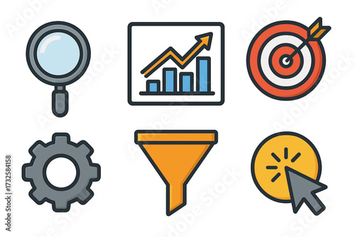 Business and marketing icon set. Data analysis, growth chart, target audience, seo research, sales funnel, conversion rate optimization, pay per click. Ctr symbol.