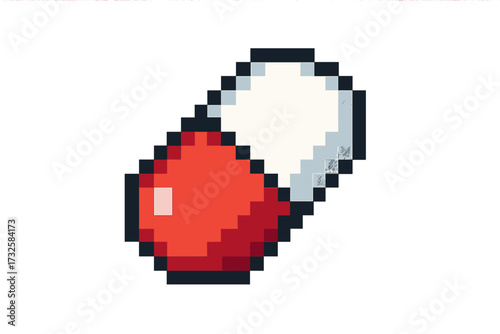 Pixel art pill capsule icon. 8-bit drug medicine symbol for video game. Retro healthcare medical pharmacy sign. Vitamin antibiotic painkiller treatment. Digital art asset.
