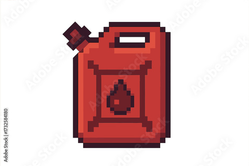 Pixel art fuel canister icon for retro video games. 8-bit style jerrycan asset for gasoline, petrol, or diesel. Red container with oil drop symbol. Vector cartoon illustration.