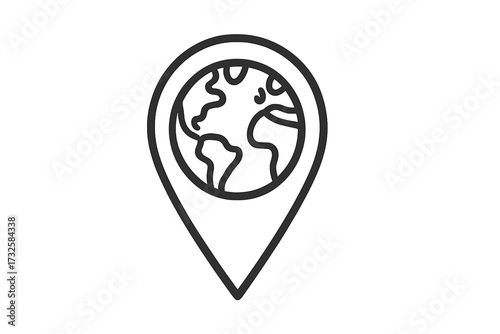 Location pin with globe inside. Global navigation symbol and international travel concept. World map pointer for gps destination. Planet earth marker vector line icon illustration.