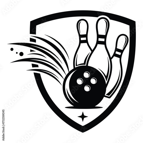 Dynamic bowling emblem with ball pins and motion lines sport graphic design element silhouette