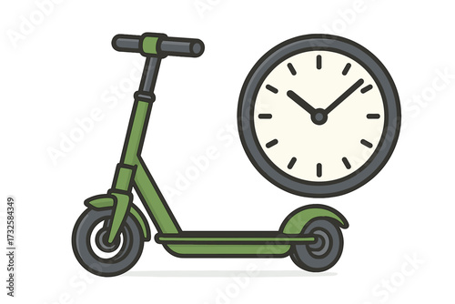 Electric scooter sharing service time. E-scooter rental by the minute. Urban mobility concept. Fast delivery transport icon. Eco friendly transportation vector illustration.