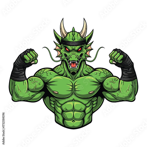 Mighty muscular green dragon warrior flexing biceps