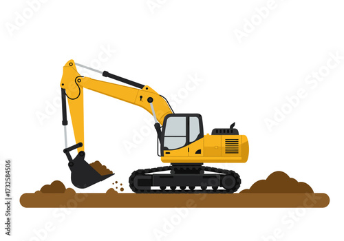 Yellow hydraulic excavator digging into a pile of brown dirt, shown in a flat vector illustration style on a white background.