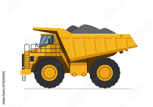 A large yellow mining dump truck filled with dark material, viewed from the side.