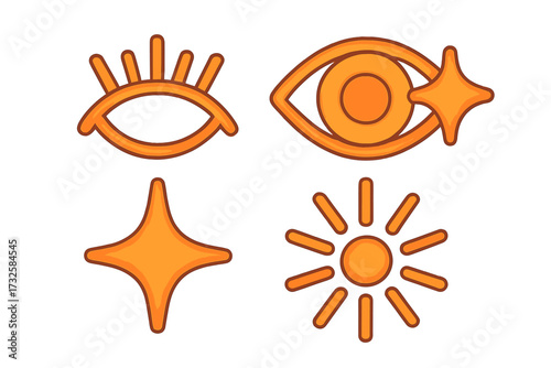 Set of mystical and esoteric symbols. Collection of magic eyes, sun and star icons. Boho style linear graphic elements for astrology, spirituality and witchcraft. Vector illustration.
