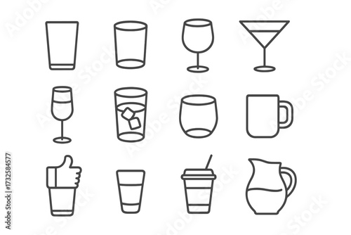 Drink and beverage line icon set. Collection of glassware symbols for bar menu, cafe and restaurant. Vector outline illustration of cocktail, wine glass, mug, cup and pitcher.