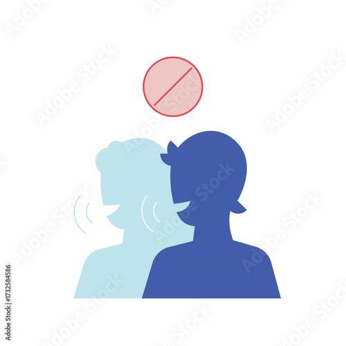 Illustration of two people silhouetted, one speaking with sound waves, and a red prohibition sign above them, isolated on transparent background
