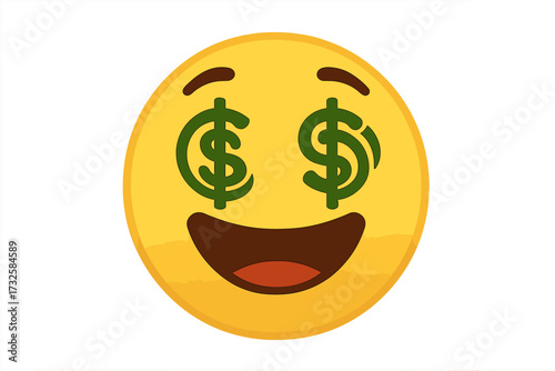 Money-mouth face emoji with dollar symbols in eyes. Vector smiley character hypnotized by money. Concept of wealth, greed, richness, success, profit, jackpot, and getting rich.