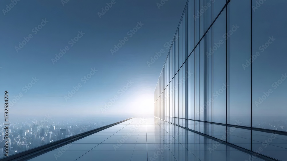 Fototapeta premium 青空とガラスの壁面を持つ高層ビルと都市景観のパノラマ