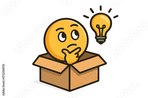 Thinking outside the box concept. Emoticon with lightbulb for new idea. Metaphor for creative solution, innovation, brainstorming, and original thinking. Vector character.