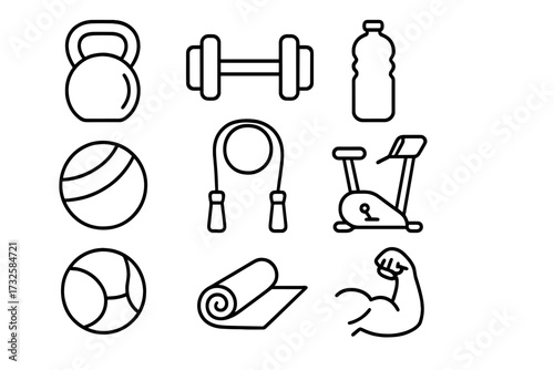 Fitness equipment icon set. Vector collection of gym workout essentials in a simple outline style. Dumbbell, kettlebell, yoga mat, exercise bike for health and sport training.