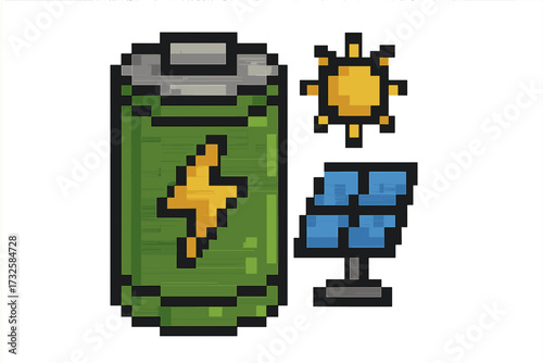 Pixel art green energy icon set. Battery charge, sun, solar panel. Concept for renewable power, sustainability, ecology, clean electricity. 8-bit vector illustration.