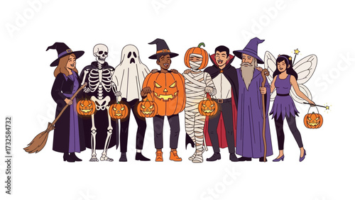 Halloween Costume Parade: A collection of people, donned in a variety of fantastical costumes, assemble in a playful parade, each showcasing their unique guise.