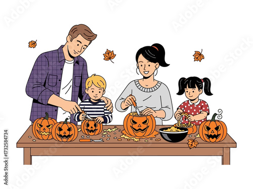 Family Carving Pumpkins: A family of four creates Jack-o'-lanterns together, carving pumpkins in preparation for the autumn holiday, sharing moments of laughter and togetherness.