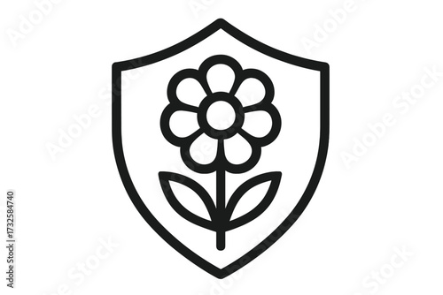Shield with flower line icon. Concept for environmental protection, natural defense, organic security. Eco-friendly growth. Nature conservation symbol. Vector logo emblem design.