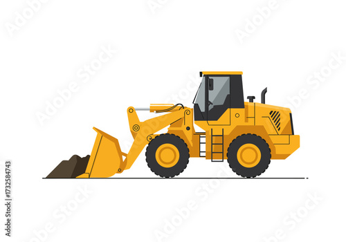 A yellow front-end loader with a full bucket of dirt, isolated on a white background.