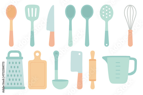 Kitchen utensils collection. Flat cartoon vector illustration of cooking tools in pastel colors. Culinary equipment set with whisk, spatula, knife, rolling pin for food design.