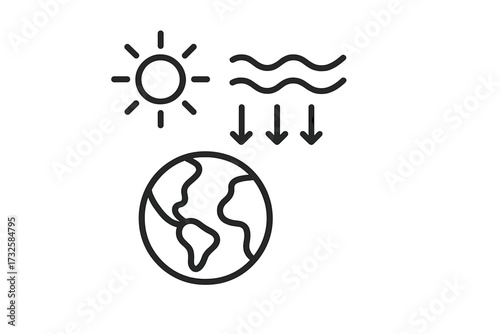 Global warming and climate change icon. Greenhouse effect with sun heating planet Earth. Ecology and environment concept. CO2 emissions and atmosphere pollution symbol.