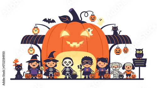 Halloween Gathering: A charming Halloween scene, featuring costumed children, grinning pumpkins, bats, and an owl, all illuminated in the soft glow of a moonlit night. The scene evokes warmth, whimsy.