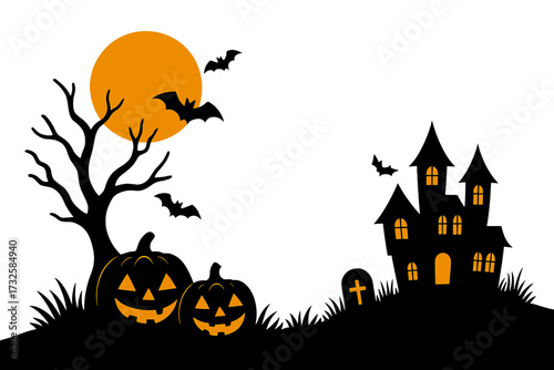 Halloween background with scary pumpkins, haunted house, bats and full moon. Spooky vector illustration for party invitation, poster or banner. October holiday celebration concept.