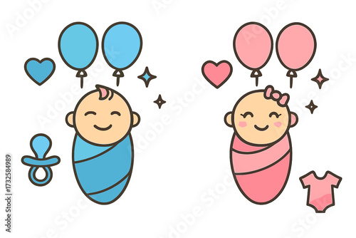 Baby shower icon set for boy and girl. Cute newborn infants swaddled in pink and blue. Vector illustration for gender reveal party, birth announcement and welcome baby.