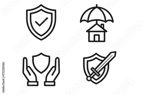 Insurance protection vector icon set. Outline symbols for safety, security, defense. Shield with checkmark, home insurance, hands care. Editable stroke graphic elements.