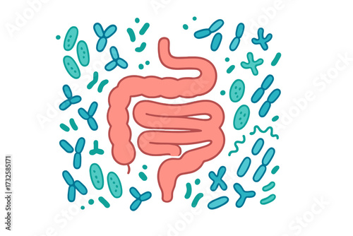 Human microbiome concept with intestines and healthy bacteria pattern. Gastroenterology, digestion. Probiotic, prebiotic, bifidobacterium, lactobacilli gut flora vector.