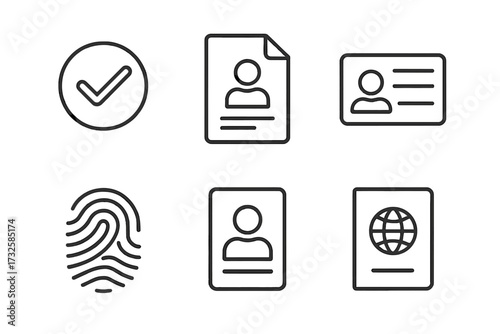 Identity and verification web icons in line style. Personal document, ID card, biometric fingerprint, and passport for identification and secure authentication. Vector icon set.