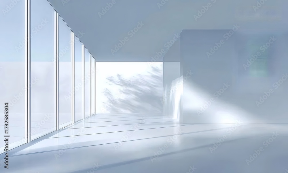 Obraz premium 明るい白い部屋のインテリアと窓から見える木のシルエット