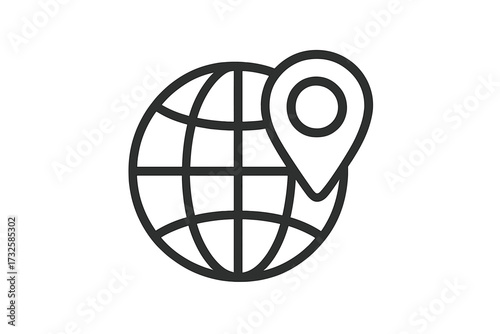 Globe and location pin icon. World map with pointer symbol. Global business, travel and navigation concept. Vector line art illustration for web, gps and destination.