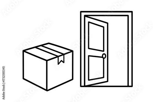 Package delivery line icon. Contactless home delivery service concept. Cardboard box parcel waiting at the open front door entrance. E-commerce shipping and online order arrival.