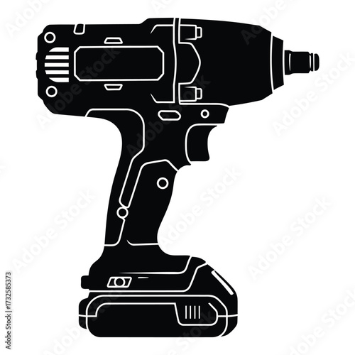 Powerful black silhouette of a cordless impact wrench tool with battery for construction and diy projects silhouette