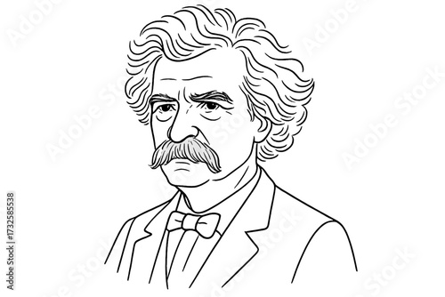 Mark Twain, Samuel Langhorne Clemens, an American author, and humorist of the 19th-20th century. Famous writer portrait. Sketch linear vector illustration isolated concept.