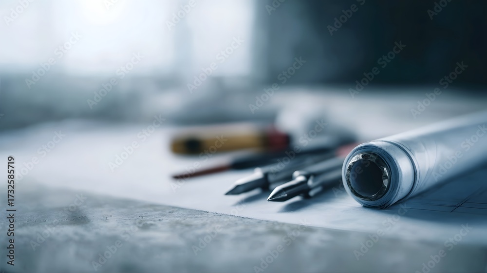 Naklejka premium Technical tools like screwdrivers rest on architectural plans and a rolled blueprint illuminated by bright clean light in a workspace