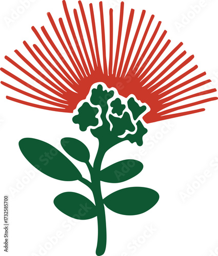 Red lehua bloom with green stem, leaves and flower buds
