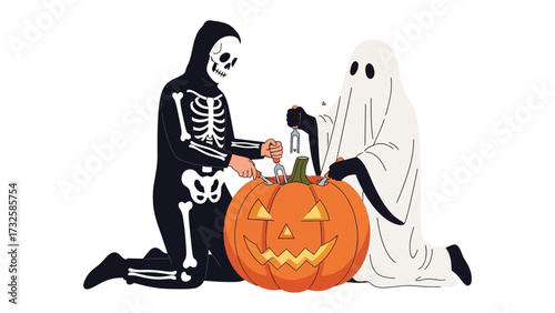 Spooky Halloween Preparations: A skeletal figure and a ghost prepare for Halloween by carving a jack-o'-lantern. The image captures the spirit of Halloween and the festive atmosphere.