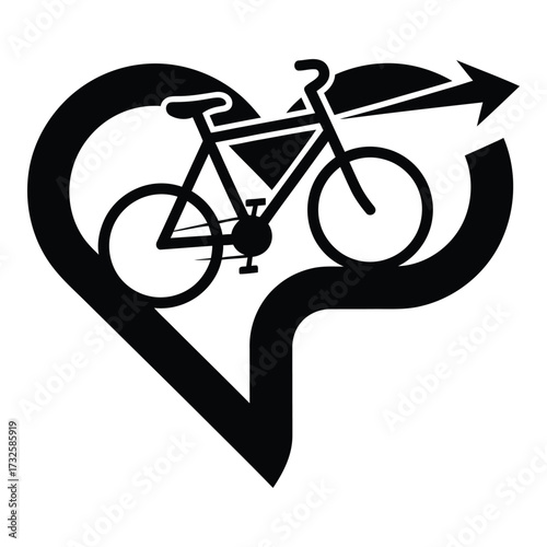 Heart shaped bicycle icon with arrow symbolizing cycling love and direction silhouette