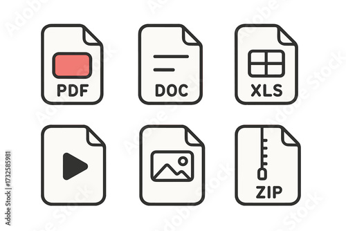 File format icons set vector illustration. Minimalist document type symbols for pdf, doc, xls, zip archive, image, and media files. Modern UI UX graphic design elements.