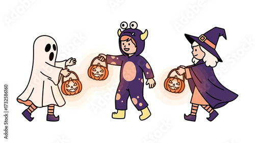 Halloween Parade: Three children in vibrant costumes joyfully parade, collecting candy in their pumpkin-shaped treat bags. Each outfit embodies a unique festive character.