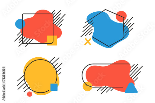 Set of abstract geometric banners. Modern text boxes in Memphis style with liquid shapes and lines. Colorful vector frames for quotes, titles, and graphic design elements.
