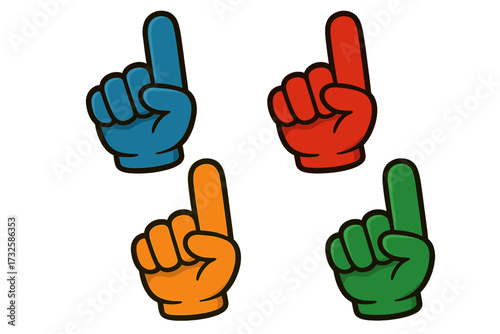 Colorful number one foam hand glove set, cartoon vector illustration of blue, red, orange, and green finger pointers, fan support symbols, cheering accessories with transparent background