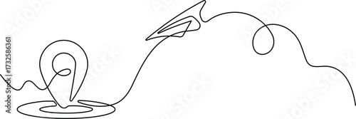 One Line Paper Plane with Location Pin - Minimalist Continuous Line Art Vector for Travel, Navigation, and Delivery