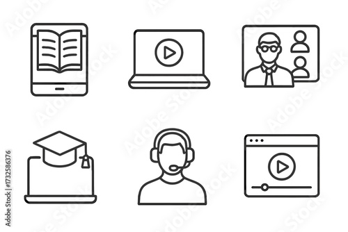 Online education and e-learning icons set in line style, digital e-book, video tutorial, mentor and distance learning symbols, video and audio course collection, education technology vector
