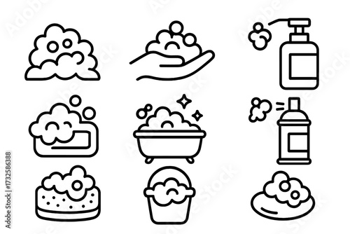 Set of foam related line icons with bubbles, foam outline symbols for graphic design, web, apps, advertising, hygiene, cleaning, soap, bath, and detergent concepts, vector cartoon illustration