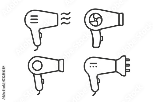 Set of Minimalistic Line Icons of Hair Dryers, Professional Haircare Equipment, Linear Symbols for Beauty Salon, Hair Styling, Cosmetic Tools, Vector Design