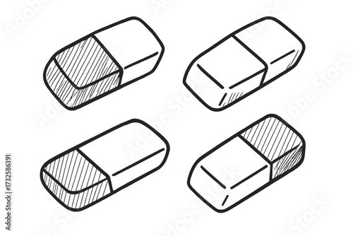 Office and school supplies rubber eraser set, hand-drawn doodle vector illustration, stationary essential, correction tool, sketch style, transparent background, educational and office equipment