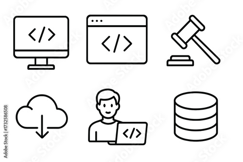 Programming and coding web icons in modern line style, software development, legal gavel, cloud computing download, programmer with laptop, database collection, technology vector illustration