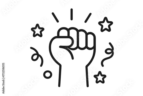 Fist punch icon celebrating victory, linear style vector cartoon illustration with stars and confetti, empowerment symbol, success gesture, transparent background