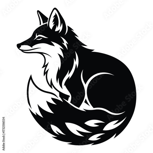 Stylized black fox silhouette curled up with bushy tail artistic wild animal graphic design silhouette